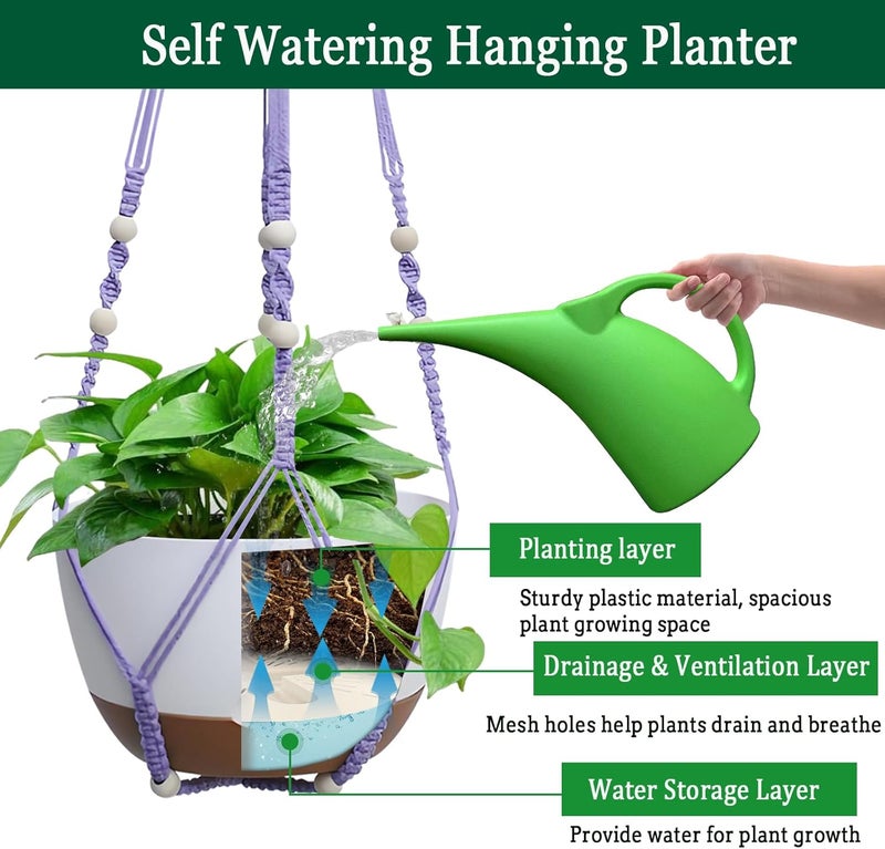 Koalaime 2 Pack Hanging Planters Set,10 Inch Indoor Outdoor Hanging Plant Pot Basket,Hanging Flower Pot with Drainage Hole with 3 Hooks for Garden Home(Purple Hanger White Planters) - Image 4